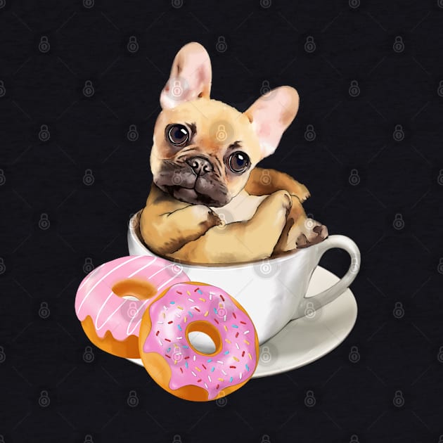 French bulldog lovers, sweet frenchie on coffee cup and Donuts by Collagedream